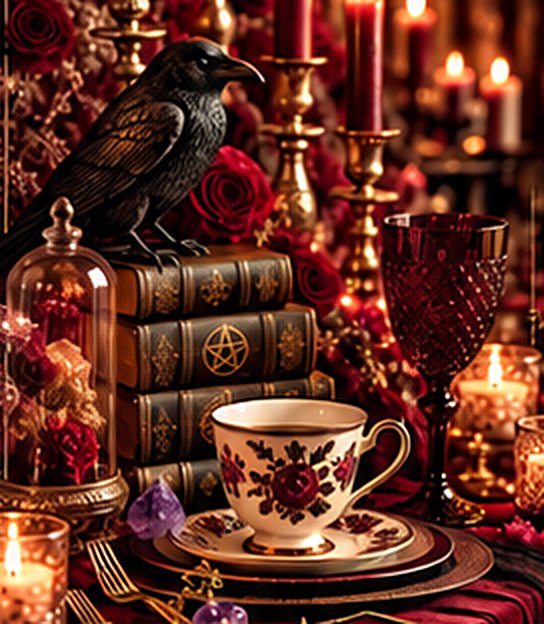 A candlelit table set with a floral teacup, a red crystal goblet, antique books and a black raven among red roses and brass candlesticks.